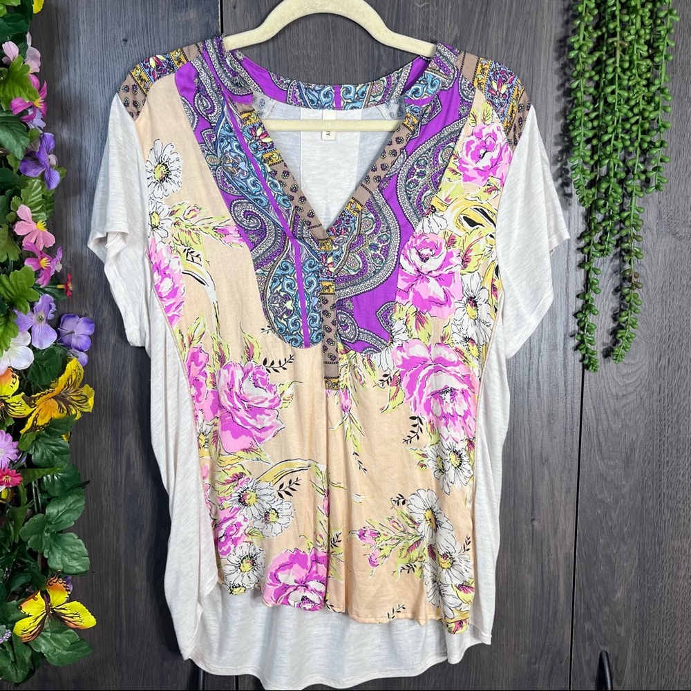 Anthropologie Beige and Purple Floral Mixed-Media V-Neck Top Large VGUC - Picture 2 of 13